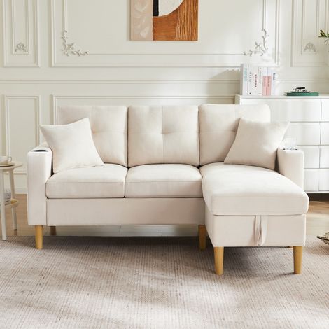 Canapé d’angle réversible 3 places 175x129 cm avec méridienne, coffre de rangement, porte-gobelets, 2 coussins - Beige (1/5)