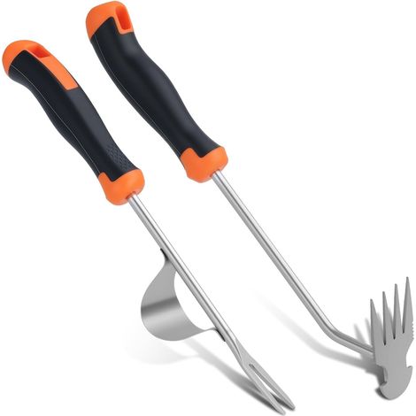 2 Pièces - Désherbeur Manuel - Sarcloir Griffe - Acier Inoxydable 4 Dents - Manche Ergonomique Antidérapant - Pour Jardin Terrasse Potager - Argent - 30x5cm (1/5)