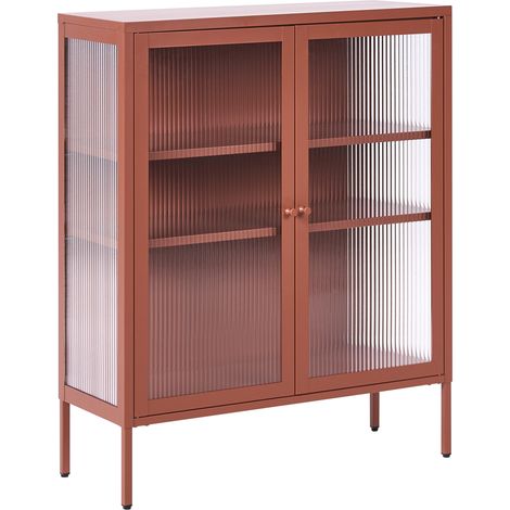 Aparador vitrina industrial moderno de acero 2 puertas y elementos de vidrio marrón dorado Lerryn