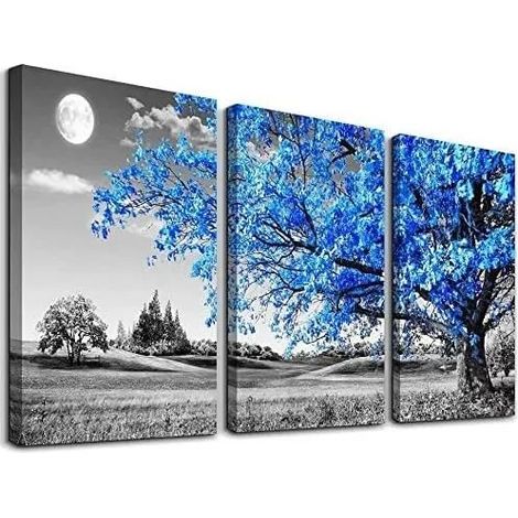 Tableau sur toile « Arbre de Vie bleu », 3 panneaux 30x40cm, encadré, pour la décoration du salon ou de la chambre. (1/4)