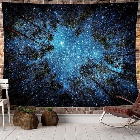 Tapiz misterioso de bosque estrellado, tapiz psicodélico para pared, estampado de árboles del bosque, manta con estampado playero para dormitorio, sala de estar, residencia estudiantil, decoración de (1/4)