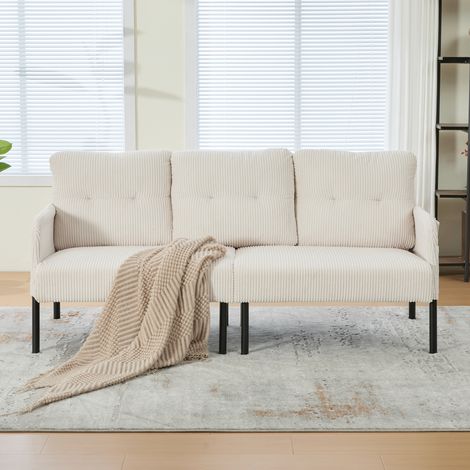 Canapé 3 places en velours côtelé avec rembourrage moelleux, dossier haut et poches latérales pratiques. Pieds en métal stables et structure robuste. Idéal salon, chambre ou bureau à domicile (1/5)