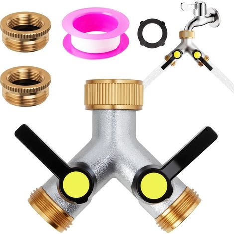 Robinet Double Machine à Laver - Vanne 3/4" en Laiton, Distributeur 2 Voies pour Lave-Linge/Lave-Vaisselle + Tuyau d'Arrosage, Raccord Double Haute Pression (Argent) (1/5)