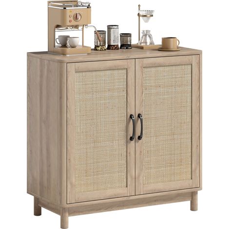 Zweitüriges Sideboard aus Rattan, verstellbarer Einlegeboden, abgerundete Kanten, 76 x 35 x 75,5 cm, Eiche