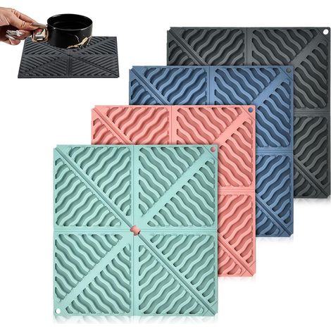 Lot de 4 maniques en silicone, dessous de plat et maniques 2 en 1 de 16,7 cm, tapis chauds pliables pour cuisine, dessous de verre, gris foncé (1/5)