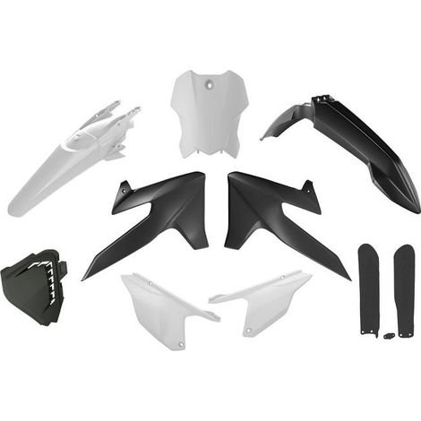 RACETECH (RTECH) 2025/12 SET DI PLASTICHE CON PROTEZIONI TELESCOPICHE TRIUMPH TF 250 X '24-'26, TF 450 RC '25-'26 COLORE NERO / BIANCO