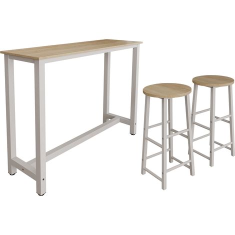 Bartisch mit 2 Barhockern Metallbeine 140x100x40cm Bartresen küche Modell Ani Weiß und Sonoma