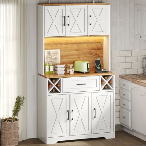 Meuble de cuisine, armoire de rangement haute avec éclairage LED, meuble garde-manger avec casiers à vin, cave à vin et vitrine pour salon et salle à manger, 180 × 105 × 40 cm (1/5)