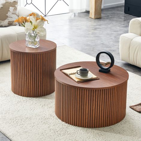 Couchtisch Set 2-teilig, runde Couchtische in Walnussoptik, Nesting Couchtisch Set mit Stauraum, MDF Beistelltisch Set fürs Wohnzimmer Schlafzimmer
