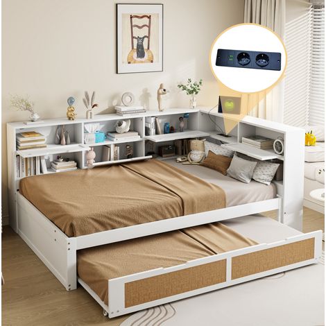 CHICFURN Cama nido 140x200 cm de madera blanca con almacenaje y USB, sin colchón (1/5)