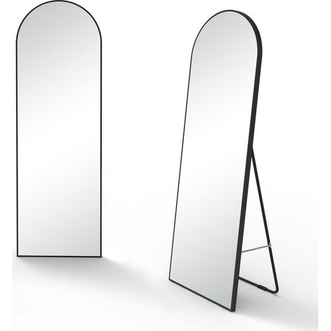 Aica Miroir sur Pied au sol 150x50cm, Miroir au Mercure, À suspendre ou À poser, Arqué, Avec cadre noir