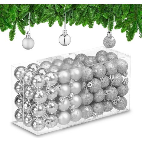 Relaxdays Palline di Natale, Set da 96 Palle Opache, Lucide, Glitterate, HxD: 4x3 cm, Addobbi Albero Natalizi, Argentate