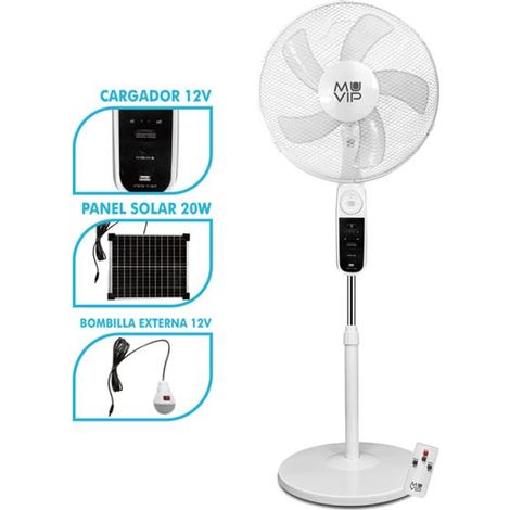 Muvip Ventilador de Pie Solar - 12000mAh - 40cm - 4 Velocidades - Luz LED - USB - Color Blanco
Características:
-Tensión: 12V, 18W con adaptador 100-2