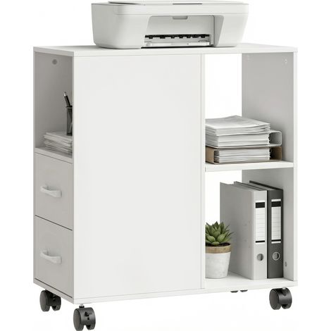 Table d’appoint mobile Yvain rangement design 2 tiroirs roulettes blanc (1/5)
