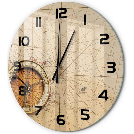 Horloge Murale Ronde Cadeau Original Verre Silencieuse pour Maison Salon Boussole sur la carte fi 60 cm (1/5)