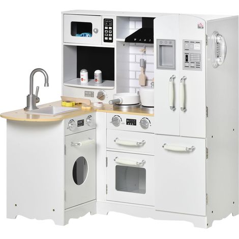 Cuisine en bois pour enfants dès 3 ans avec sons, 14 accessoires, comprenant un téléphone, un évier amovible, un micro-ondes et un robinet, 82 x 65 x 87 cm, blanche. (1/4)