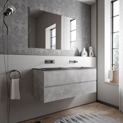 BERNSTEIN - Mobile lavabo doppio sospeso MDF effetto cemento, 2 vasche Ghisa Nero opaco senza foro rubinetto - 120x46x50cm - AVA BRUSSELS	Calcestruzzo, Nero opaco senza foro per rubinetto
