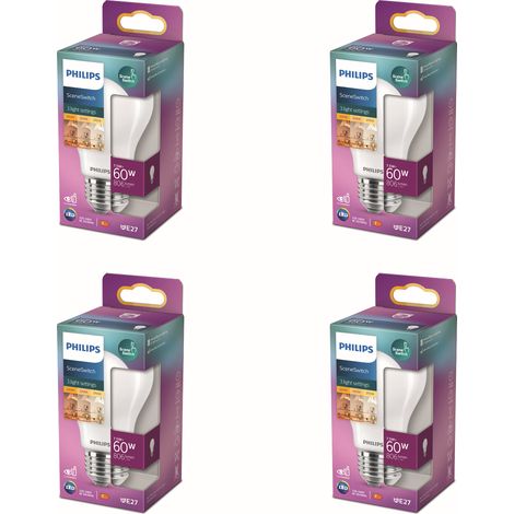 Philips Pack avantagé E27 SceneSwitch Ampoule Standard Dépolie 60W Dimmable Lumière blanche chaude - 4 pièces (1/2)