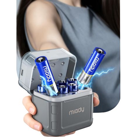 Lot de 8 piles au lithium AA rechargeables avec chargeur, 3000 mWh haute capacité 1,5 V, 2000 cycles, batterie AA Li-Lion avec boîte de rangement intégrée (1/5)