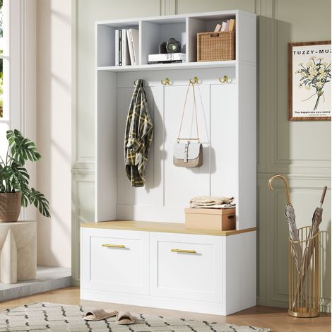 Meuble d’entrée 2 portes, 105x40x180 cm, avec banc, étagères, patères et rangement chaussures, blanc et naturel (1/5)