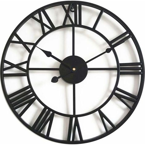 Horloge Grande horloge murale rétro en fer - Ronde - Silencieuse - Fonctionne avec piles - Chiffres romains - Style vintage - Pour décoration de salon - Noir (40 Cm) (1/5)