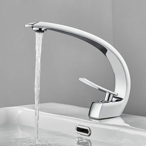 Robinet Mitigeur Lavabo - Monotrou Cascade - Laiton Massif Chromé - Eau Chaude Froide - Pour Vasque Salle de Bain - 1 Pièce (1/5)