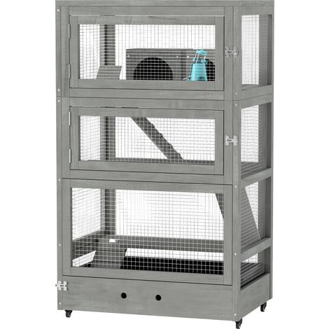 Cage en bois à 4 niveaux pour hamster, avec maisons, bascule, gamelles, rampes et roues, 65 x 45 x 109 cm, grise