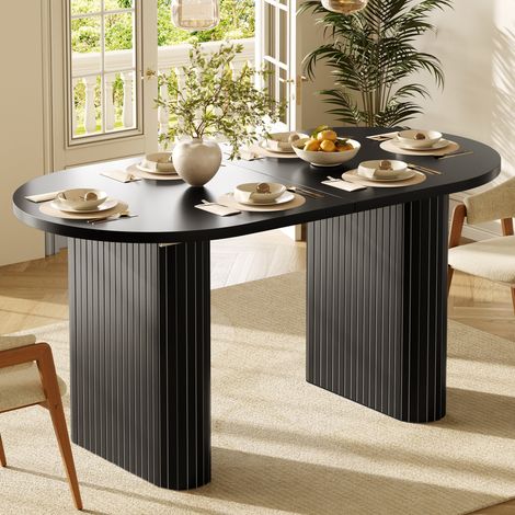 Ausziehbarer Esstisch 120x80x75.5 cm Schwarz MDF und Metall mit vertikaler Struktur und abgerundeten Ecken (1/5)
