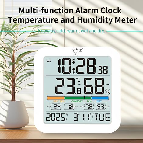 Ortviai – Multifunktionsuhr TS-8080 mit Thermo-Hygrometer und Großdisplay – Wecker mit Schlummerfunktion 5–60 Min., Kalender in 7 Sprachen – Batterien nicht inklusive (1/5)