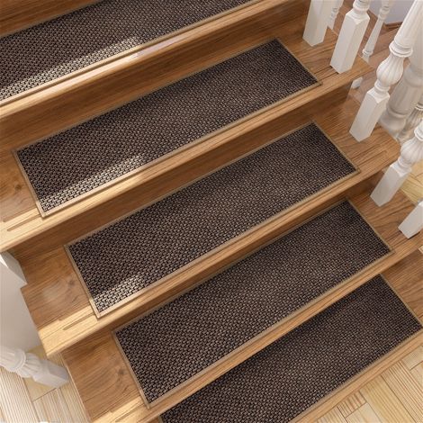Ensemble de tapis de marche d'escalier - Motif tissé marron foncé - 2075 cm - 4 pièces - Antidérapant - Durable pour les escaliers intérieurs en bois à la maison (1/5)