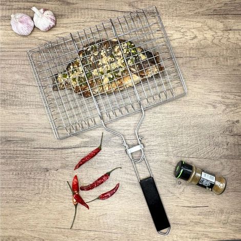 Panier à griller en acier inoxydable, grille de cuisson, panier à griller portable, filet à griller pliable en acier inoxydable, idéal pour le poisson, le steak et les crevettes. (1/4)