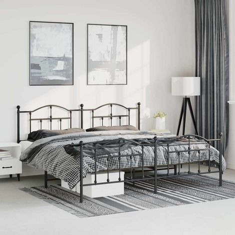 Cadre de lit métal sans matelas avec pied de lit noir 183x213cm (1/5)