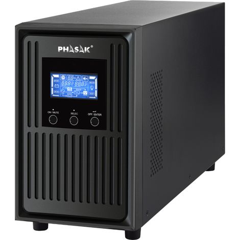 Online-USV, Marke Phasak, Modell PH 8020, 2000 VA, ideal für den Stromversorgungsschutz in kritischen Umgebungen, mit doppelter Umwandlung, reiner Welle, ECO-Modus, SNMP-Management und LCD-Display.