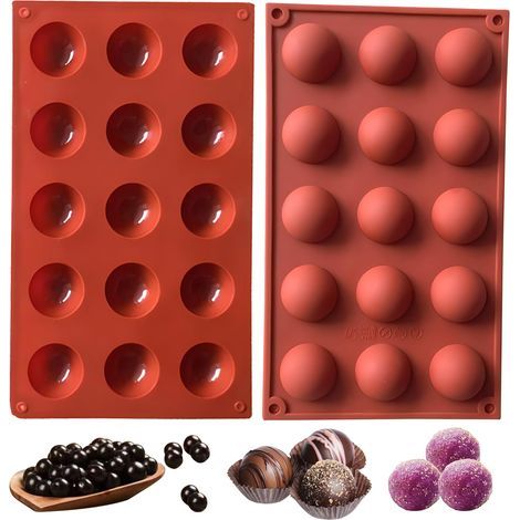 2 Piece Half Sphere Shape Mould 15 Cavities Silicone Baking Tool for Your Chocolate Desserts, Ice Cream Bombs, Mini Teacake, Sweets, Biscuits, Gummies, Jello (1/5)