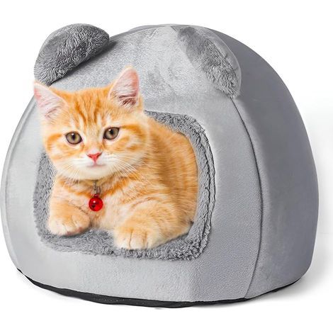 LAOA Katzenbett, 40 cm halbgeschlossener Katzenkorb, Katzenbett, Katzenhöhle mit herausnehmbarem Kissen für Welpen und Kleintiere, Grau (1/5)