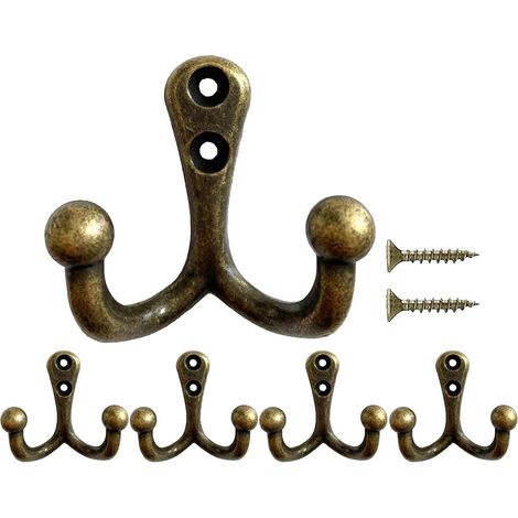 5 crochets porte-manteau muraux vintage en bronze, doubles, supportant vêtements, peignoirs, serviettes, chapeaux et sacs (1/5)