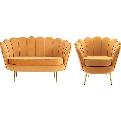Vente-Unique – Canapé convertible 2 places en velours jaune moutarde – Fauteuil coquillage assorti – Structure métal – Confort équilibré (1/5)