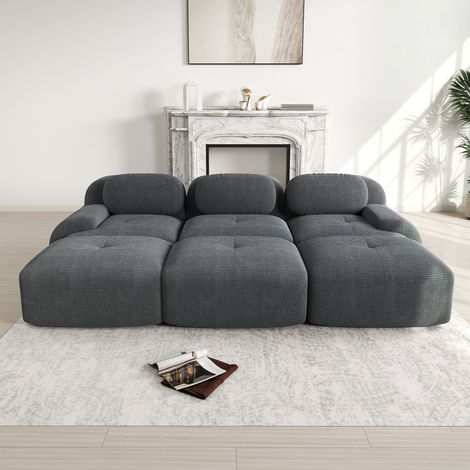 Canapé d’angle modular aus Cordstoff Grau, rahmenlos, montagefrei, mit ergonomischen Armlehnen