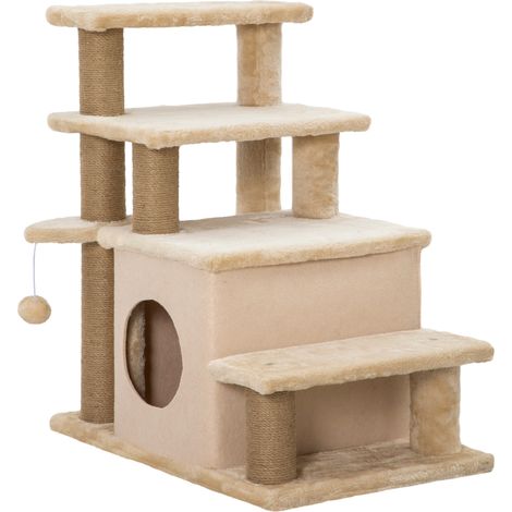 Escalier pour animaux griffoir 4 marches balle de jeu maisonnette hauteur réglable beige 60x40x66 cm