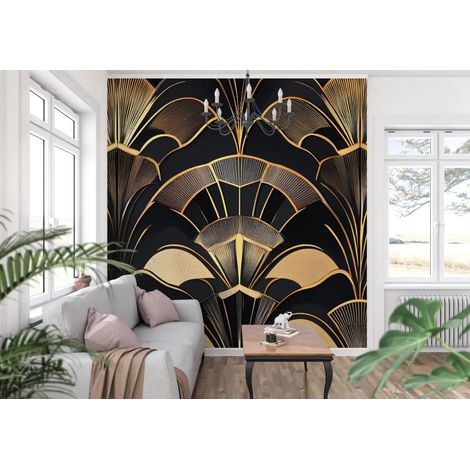 Papier Peint Art & Déco - Fleurs Stylisées Noires et Or - 300 x 250 cm (1/2)