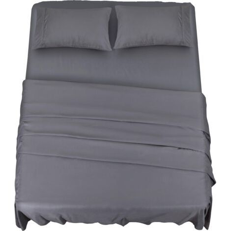 Polyester Microfibre Ensemble de Draps (4 pièces, Gris) - 1 Drap Housse 150x200cm, 1 Drap Plat 228x259cm et 2 Taies d'oreiller 50x75cm