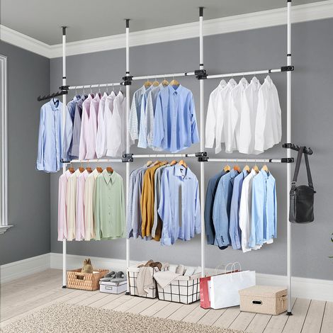 Youyijia Telescopic Clothes Rail Heavy Duty Clothes Rack Wardrobe Organizer Garment Rack Adjustable Height 257-305cm Width 233-393cm Extending Hanging Rail for Bedroom 4 Poles 6 Bars White (1/5)