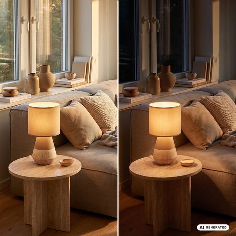 Briloner Lampe de chevet pied en céramique Ø18x34 cm douille E14 max. 25W interrupteur filaire beige aspect bois - Lampe de table salon chambre couloir