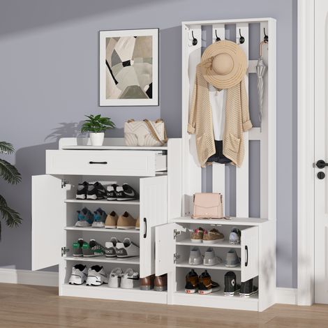 Meuble d’entrée en panneaux de particules blanc 140 x 32 x 180 cm avec banc, meuble à chaussures, panneau 4 crochets (1/5)