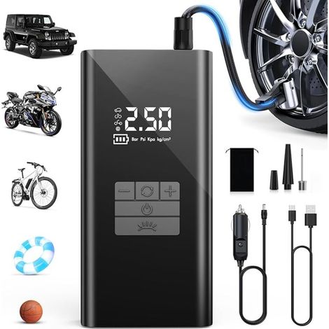 Compresor de aire portátil de 45 l/min con batería de 6000 mAh - Inflador rápido de neumáticos para coche, soporte para batería externa, luz LED - 4 modos - Ideal para coches, bicicletas, motos y balo (1/4)