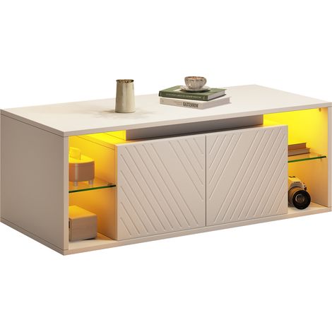 Table basse blanche avec éclairage LED, rangement ouvert et fermé à 2 portes, panneau de particules, 100 x 50 x 41 cm (1/5)
