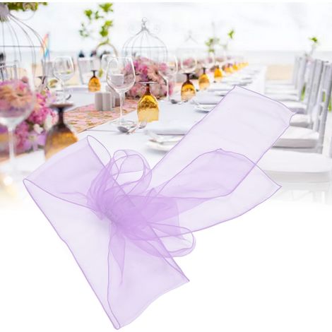 Set aus 10 Stuhlhussen für Hochzeiten mit Schärpen, perlenbesetztem Tüll und Schleifen, 17 x 270 cm, helllila. (1/5)