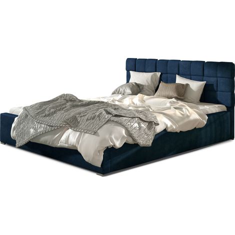 Lit adulte avec coffre de rangement Kanda – Velours capitonné-Bleu foncé-160x200 (1/3)