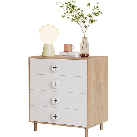 Cómoda de 4 cajones para dormitorio, blanco y natural, 80 x 54 x 90 cm, HOMVRA (1/5)