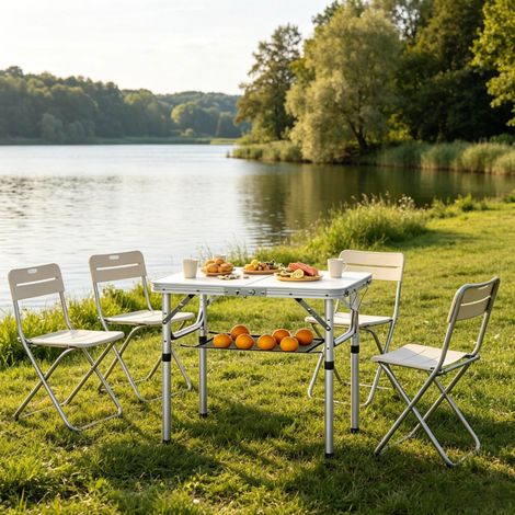 Table de jardin pliante aluminium et MDF crème, rectangulaire, hauteur réglable avec filet de rangement (1/5)